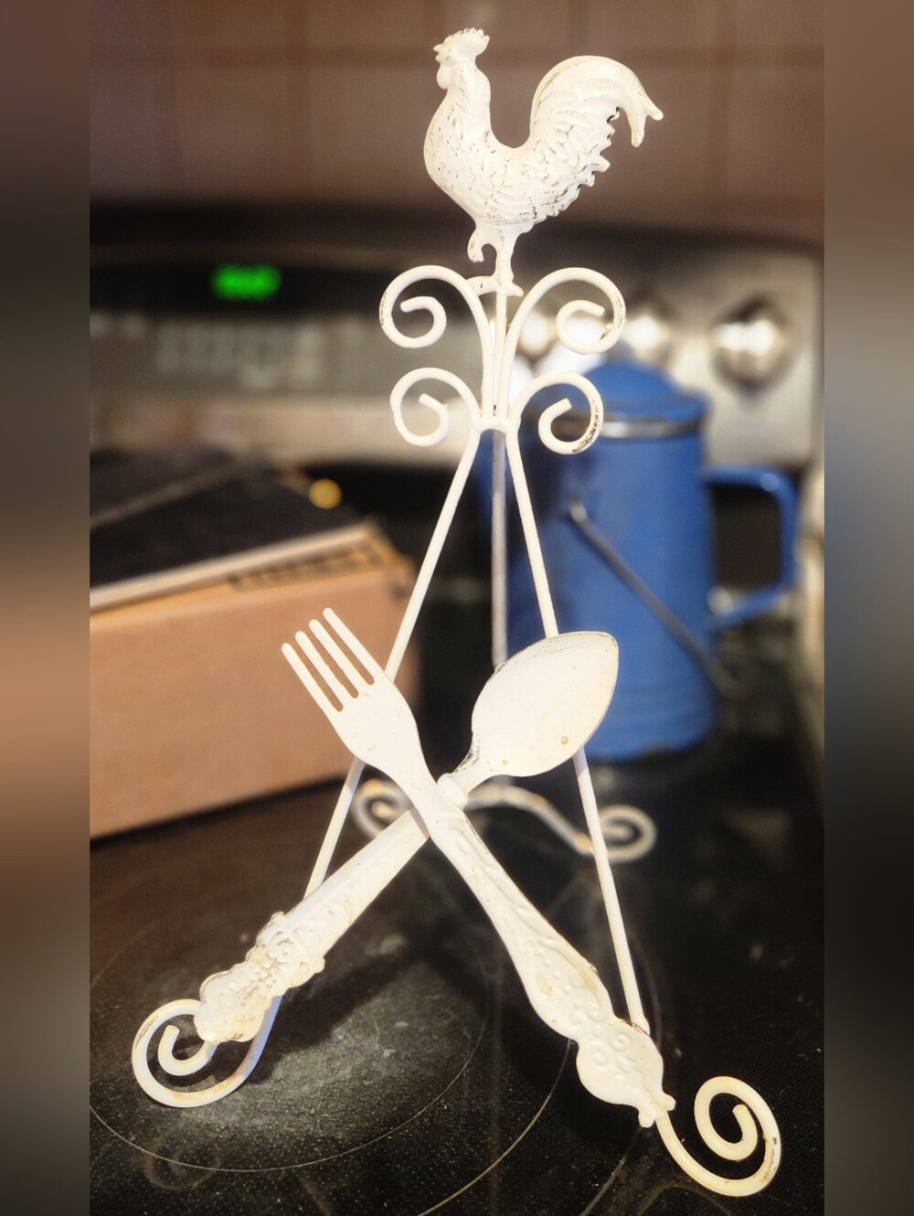 Decorative White Rooster Spoon & Fork Stand - Kitchen Accent